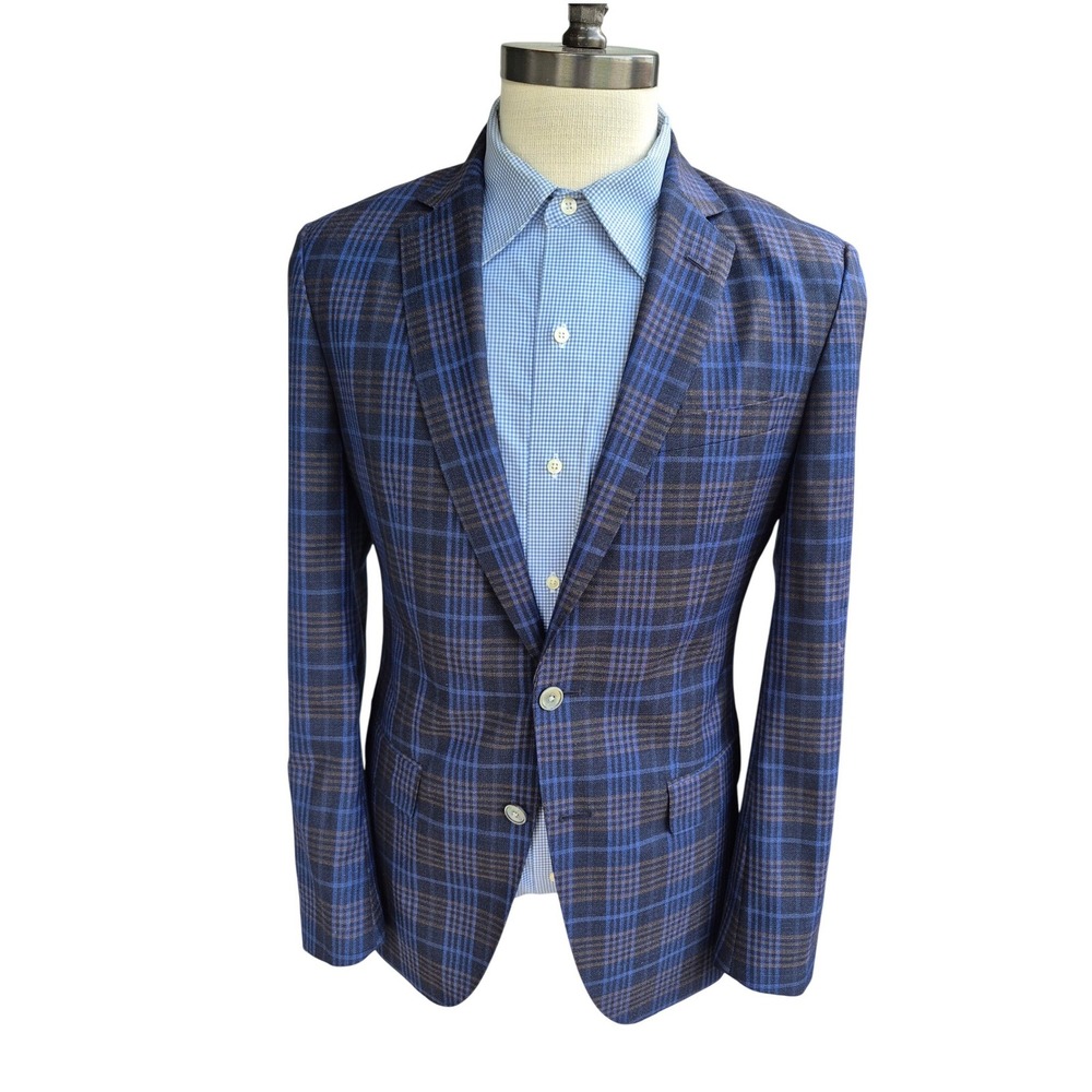 Hugo Boss Hartlay2 Blue Brown Plaid Virgin Wool Recent Sport Coat Blazer 38R